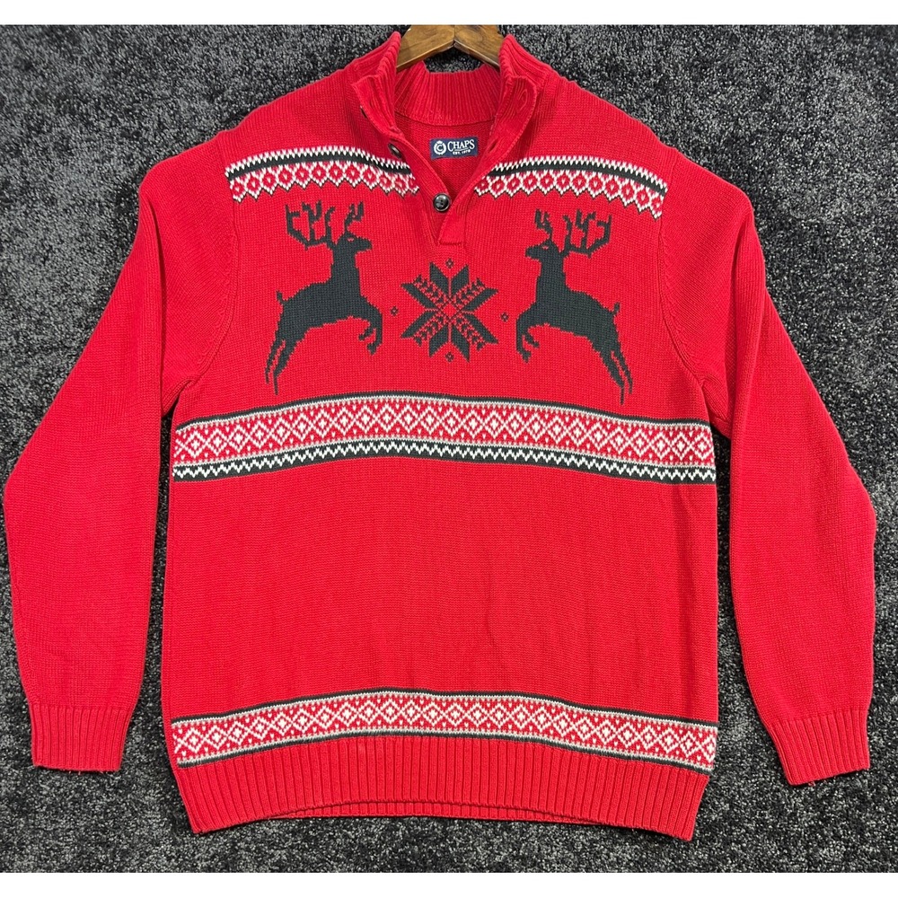Chaps Red Christmas Sweater Nordic Reindeer Snowflake 1/4 Button Pullover XL